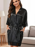 Women's Satin Robe Lace Trim Short Sleeve Belted Bathrobe Lightweight Silky Sleepwear for Home Bridal Nightwear
