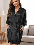 Women's Satin Robe Lace Trim Short Sleeve Belted Bathrobe Lightweight Silky Sleepwear for Home Bridal Nightwear