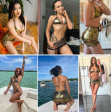DEKA Gold Shiny Bikini Set Brazilian Summer Hot Suit Leather Swimsuit With Mini Ruched Skirt Swimwear 3 Pcs Beachwear Outfits