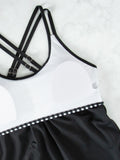 Women's Conservative 2 Piece Swimsuit Black Stripe Print Patchwork Tankini Bikini Set Suspender Cross Backless Bathing Suit 2025