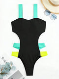 Splicing Black Contrast Women Swimwear One Piece Swimsuit Female Monokini High Cut Bather Backless Bathing Suit Swim Beachwear