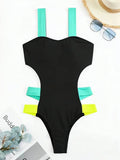 Splicing Black Contrast Women Swimwear One Piece Swimsuit Female Monokini High Cut Bather Backless Bathing Suit Swim Beachwear