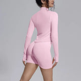 Women's Seamless Yoga Sets Sports Fitness Gym Zipper Long-Sleeve Jacket Hip Lift High-Waist Shorts Suits Workout Training Sets
