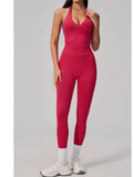 Summer Seamless Yoga Sets Women V Neck Slim Sports Tank Top Fitness Suit Peach Hip High Elasticity Leggings Running Tracksuit