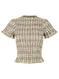Women Casual Summer Plaid Print Shirred Tops Slim Mock Neck Short Sleeve Crop Ruffle T-shirts Streetwear