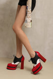 Bright Patent Leather Patchwork White PU Lace Up High Heels with Breathable Lining, Wavy and Serrated Patterns, Sweet Pumps