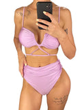 V Neck Wrinkled Stain Bikinis Female Swimsuit High Waist Bikini Women Swimwear Two-pieces Bikini Set Bather Bathing Suit Swim