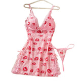 Lips Prints Pink Lace Sexy Lingerie Women See Through Babydoll Dress Slim Soft V Neck Side Opening Sleepwear Festival Gift