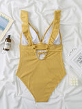 2026 Ruffle Swimsuit One Piece Solid V-neck Backless Swimwear Women Bathing Swimming Swim Suit Female Padded Beach Wear Summer