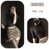 Straw-baby Girl Sexy Hot Girl Slim-fit Short-sleeve Top Elegant Leopard Print Sequin Short Skirt Slimming And Stylish Charm 5V05