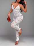 Women Floral Lace Sheer Bodycon Jumpsuit Spaghetti Strap Deep V Neck Backless See Through Slim Long Pants Romper Party Clubwear