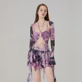 Women 3 Piece Sets Long Sleeve Shrug + Halter Tank Top + Irregular Pleated Skirts Y2K Aesthetic Gothic Sexy Streetwear
