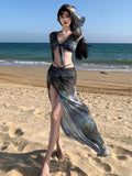 Korean Swimsuit 2025 Women Sexy Black Tie Dye Long Sleeve Cover Up  Long Skirt 4 Piece Bikini Set Bathing Suit Vacation Swimwear