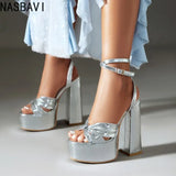 NASBAVI Luxury Summer Shoes for Women Sandals Platform High Heels Pink Silver Gladiator Flip Flops Female Party Wedding Shoes