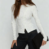 Women Long Sleeve Round Neck Spring Fall Lace Tops Slim Fit Solid Color Oblique Button Up T-shirts