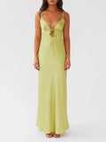 Women Cami Dress Solid Color Sleeveless Tie-Up Front Sleeveless Backless Dress Long Dress Summer Casual Spaghetti Strap Dress