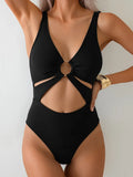 S - XL Tummy Cut Out Women Swimwear One Piece Swimsuit Female High Cut Monokini Metal Rings Bather Bathing Suit Swim Beachwear