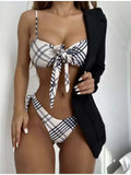 2026 New Vintage Plaid Print 2 Piece Swimsuit for Women Knot Lace-up Push Up Suspender Backless Bikini Set Beach Bathing Suit