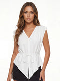 Fashion Women Sleeveless Blouse Waist Tie-ups V Neck Loose Fit Irregular Tops Club Party Street Shirts Summer Solid Color