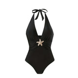 S - XL New With Skirt Deep V Neck Halter One Piece Swimsuit Women Swimwear Female Starfish Padded Bather Bathing Suit Swim V7977