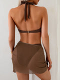 Sexy Mesh Skirt 3 Piece Swimsuit Women Coffee Metal Circle Push Up Thong Bikini Set 2026 Brazilian Beach Bathing Suit Swimwear