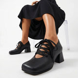 Plus Size 52 Retro Lace Up Ankle Wrap Mary Jane Heels Women Shoes Square Toe Faux Leather Chunky Block Mid Heel Vintage Pumps