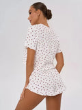 Heart Print Casual Round Neck Short Sleeve Shorts Two-piece Set Pajamas Set Women Summer Sleepwear Home Wear
