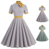 Retro Women's Plaid Dress Stand Neck Short Sleeve Cotton Dresses Lace Up Bow Tie Pleated Swing Vestidos Vintage Court Dresses