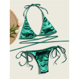 Sexy Satin Halter Brazilian Padded Bikini Female Swimsuit Women Swimwear Two-Pieces Bikini Set Bather Bathing Suit Swim V4966S