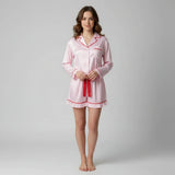 Women 2 Pieces Pajamas Sets fLong Sleeve Lapel V Neck Loose Fit Striped Print Tops with Elastic Waist Shorts Loungewear