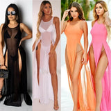 Summer Bikini Cover Up Women Beach Sundress Sexy Mesh Sheer Long Dress Solid See-through Sleeveless Strap Beach Dress