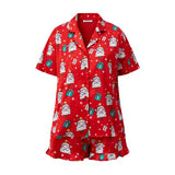 Women 2 Pieces Christmas Pajamas Sets V Neck Short Sleeve Christmas Themed Print Tops and Drawstring Waist Shorts Satin Suits