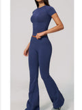Seamless High Elasticity Yoga Sets Women Short Sleeve O Neck Sports T Shirts Workout Outfits Running Wide Leg Pants Fitness Suit