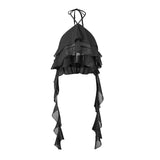 Women Summer Crop Tank Tops Solid Color Tie-Up Halter Neck Ruffles Casual Vests Backless Sleeveless Crop Tops Streetwear