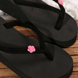 Women's Flower Decor Med Heel Flip Flops Simple Style Black Wedge Clip Toe Slides Woman Summer Outdoor Med Heel Slippers Mujer