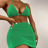 S - XL New With Skirt Ribbed Halter Bikini Female Swimsuit Women Swimwear Three-pieces Bikini set Bather Bathing Suit Swim V4351