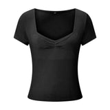 New Women T-shirt Summer Solid Color Short Sleeve Square Neck Slim Fit Crop Tops Casual Elegant Basic Tee Shirts