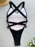 Splicing V Neck Cross Backless Women Thong Swimwear One Piece Swimsuit Female Monokini High Leg Cut Bathing Suit Swim Beach Wear