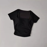 Women's yoga fitness short sleeved T-shirt, fixed chest cushion mesh fake two-piece yoga training fitness top