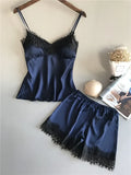 Women's Lace Satin Pajama Sets Sexy Nightwear Summer Sleeveless Tops+Shorts 2 Pcs Pyjamas Sleepwear Loungewear