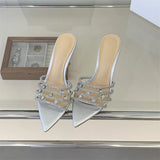Fashion Crystal Rhinestone Thin High Heels Slippers Summer Pointed Toe Open Toes Woman Retro Slippers Party Dress Shoes New