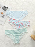3Pcs Women Ribbed Briefs Cute Peach Plaid Print Panties Contrast White Trim Stretchy Soft Breathable Daily Underwear Set C898