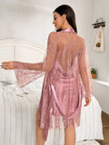 Hot Selling Solid Color Polyester Nightgown Lace See Through Robe For Women 2pcs Set