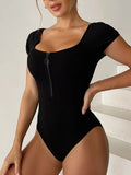 2026 Short Sleeve Swimsuit Women One Piece Solid Swimwear Female Zipper Bathers Bathing Swimming Suit Summer Beachwear Bodysuit