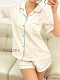 Women's Cotton Polka Dot Printed Pajama Set With Contrast Trim Button-Down Shirt & Shorts Homewear Summer Set Two Pieces Set Pj