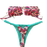 DEKA Sexy Green Floral Print Bikini Set Swimwear Women Braiding Rope Strap Patchwork Bandage Push Up Bathing Suit Thong Swimsuit