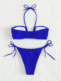 Halter Tie Side Pleated Smocked Bikini Women Bandeau Swimsuit Female Swimwear Two Pieces Bikini Set Bathing Suit Swim Beach Wear