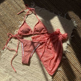with Mesh Sarong Lace Halter High Cut Bikini Female Swimsuit Women Swimwear Three-pieces Bikini Set Bathing Suit Swim Beachwear