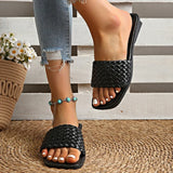 Classic Plus Size Woven Slippers for Women Summer Square Toe Low Heel Slides Sandals Woman Outdoor Pu Leather Beach Flip Flops