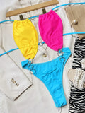 2026 Sexy One Piece Swimsuit Swimwear Women Tri-color Patchwork Hollow Circle Halter High Waist Bathing Suit Beachwear Banadores